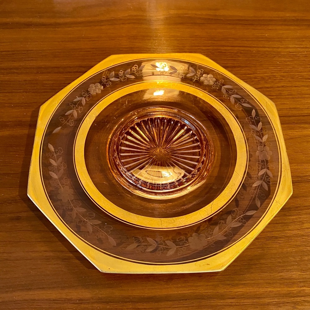Vintage Etched Glass Gold Plate